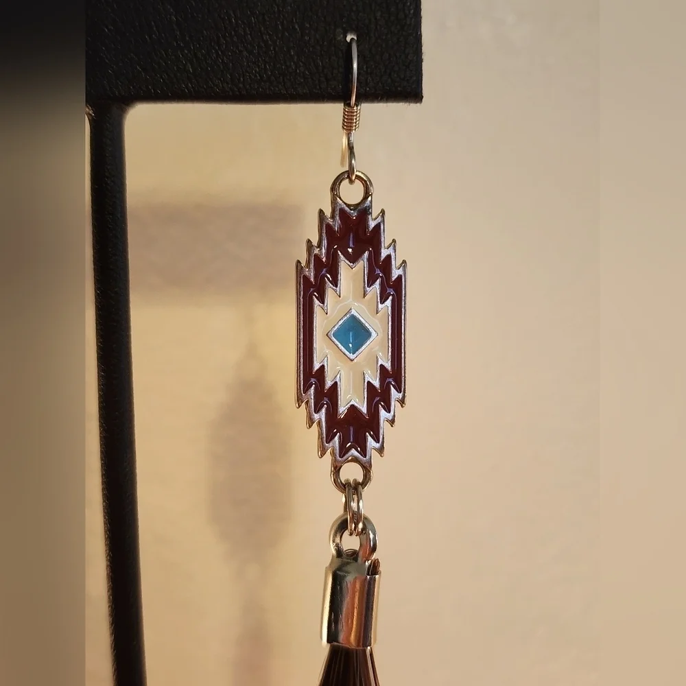 NWOT Southwestern Silver + Brown Tassel Earrings